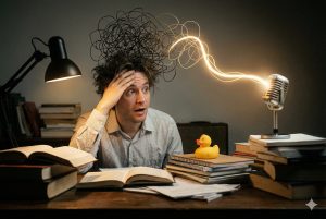 A professional having an Aha moment as tangled chaotic lines turn into a clear glowing light flowing into a microphone, with a yellow rubber duck on the desk.