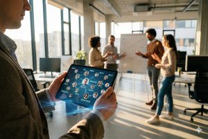 A modern team leader uses a tablet displaying a dynamic, voice-enabled Personel Atlas network, replacing a static spreadsheet.