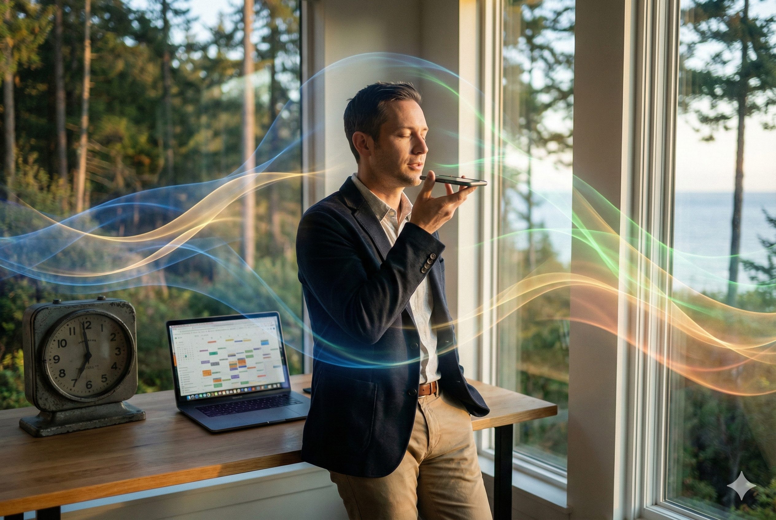 Manage Your Energy concept visualized by a professional recharging near a window with glowing energy fields, instead of watching the clock.