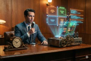 Eisenhower Matrix concept visualized: A golden compass pointing towards important long-term goals (calm light) while ignoring urgent distractions (red alarm clocks).