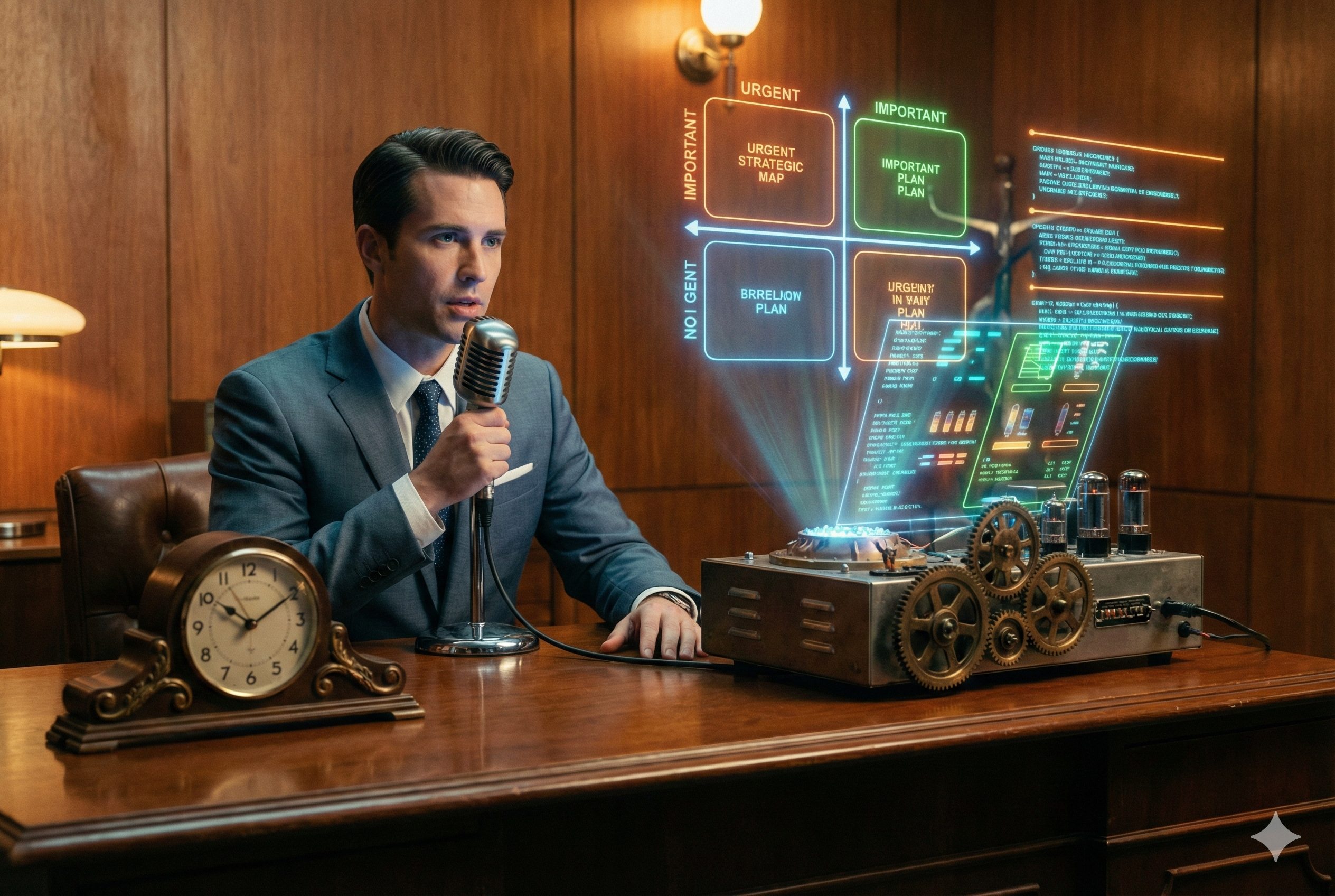 Eisenhower Matrix concept visualized: A golden compass pointing towards important long-term goals (calm light) while ignoring urgent distractions (red alarm clocks).