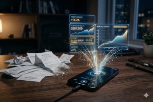 Autonomous budget report generated by voice AI on a smartphone, replacing manual spreadsheets and receipts