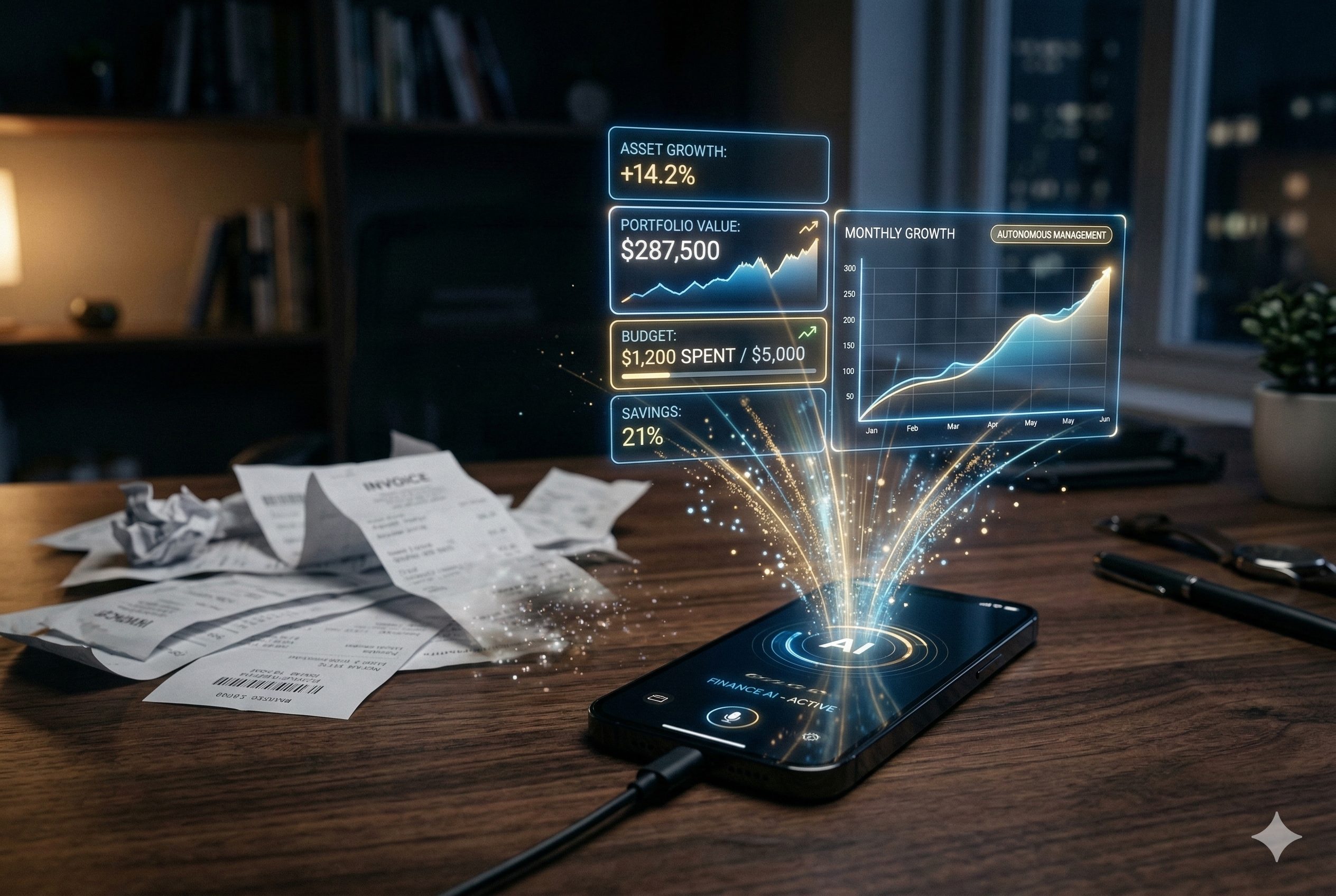 Autonomous budget report generated by voice AI on a smartphone, replacing manual spreadsheets and receipts