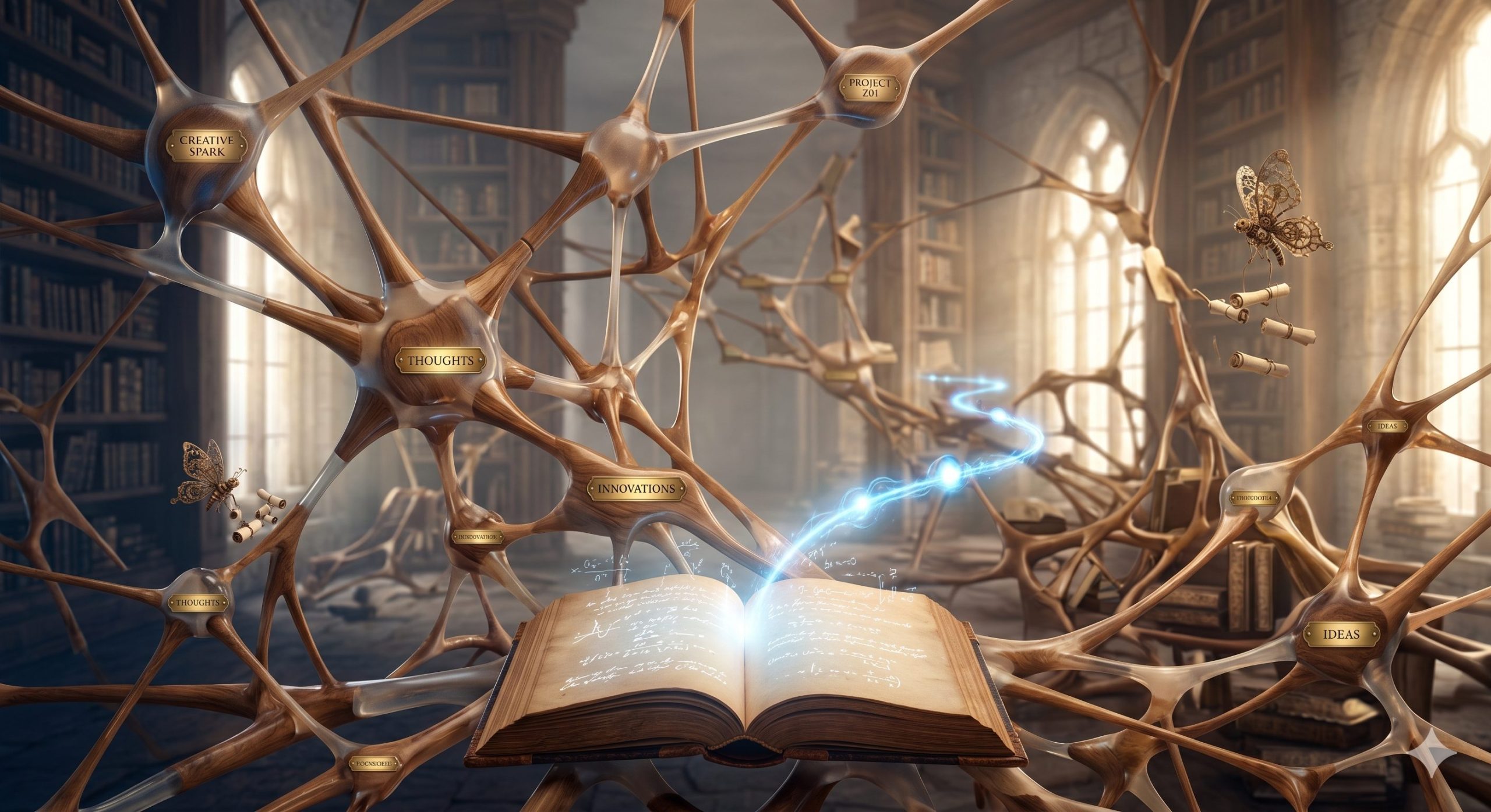 An intricate, organized structure representing a Second Brain built through Vozly voice notes, shown in a mystical library without human figures.