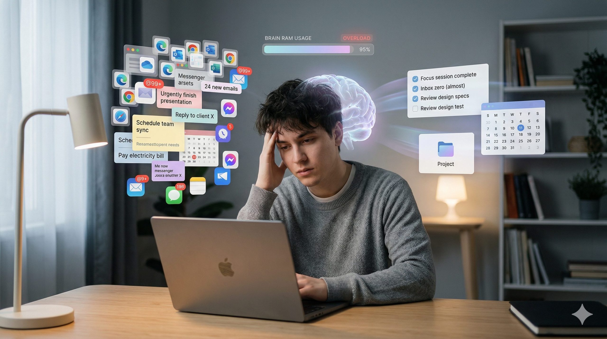 Cognitive load productivity A slightly stylized photo-realistic illustration of a young man at a wooden desk, wearing a grey sweater, with a hand to his forehead looking stressed.