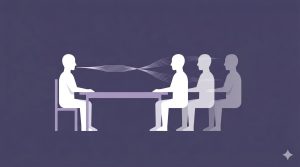 A minimalist illustration visualizing body doubling through voice, showing a single silhouette at a desk with two transparent echo figures appearing from a flowing sound wave.