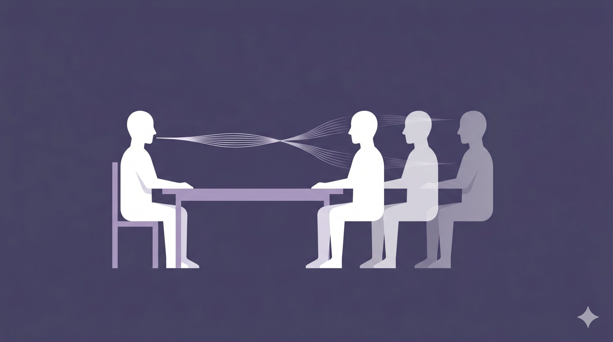 A minimalist illustration visualizing body doubling through voice, showing a single silhouette at a desk with two transparent echo figures appearing from a flowing sound wave.