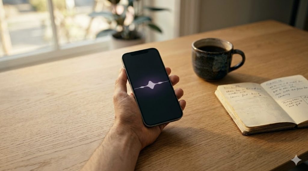 Proactive productivity in action — a hand holding a smartphone with a glowing voice recording waveform on the screen, next to a notebook and coffee on a morning desk