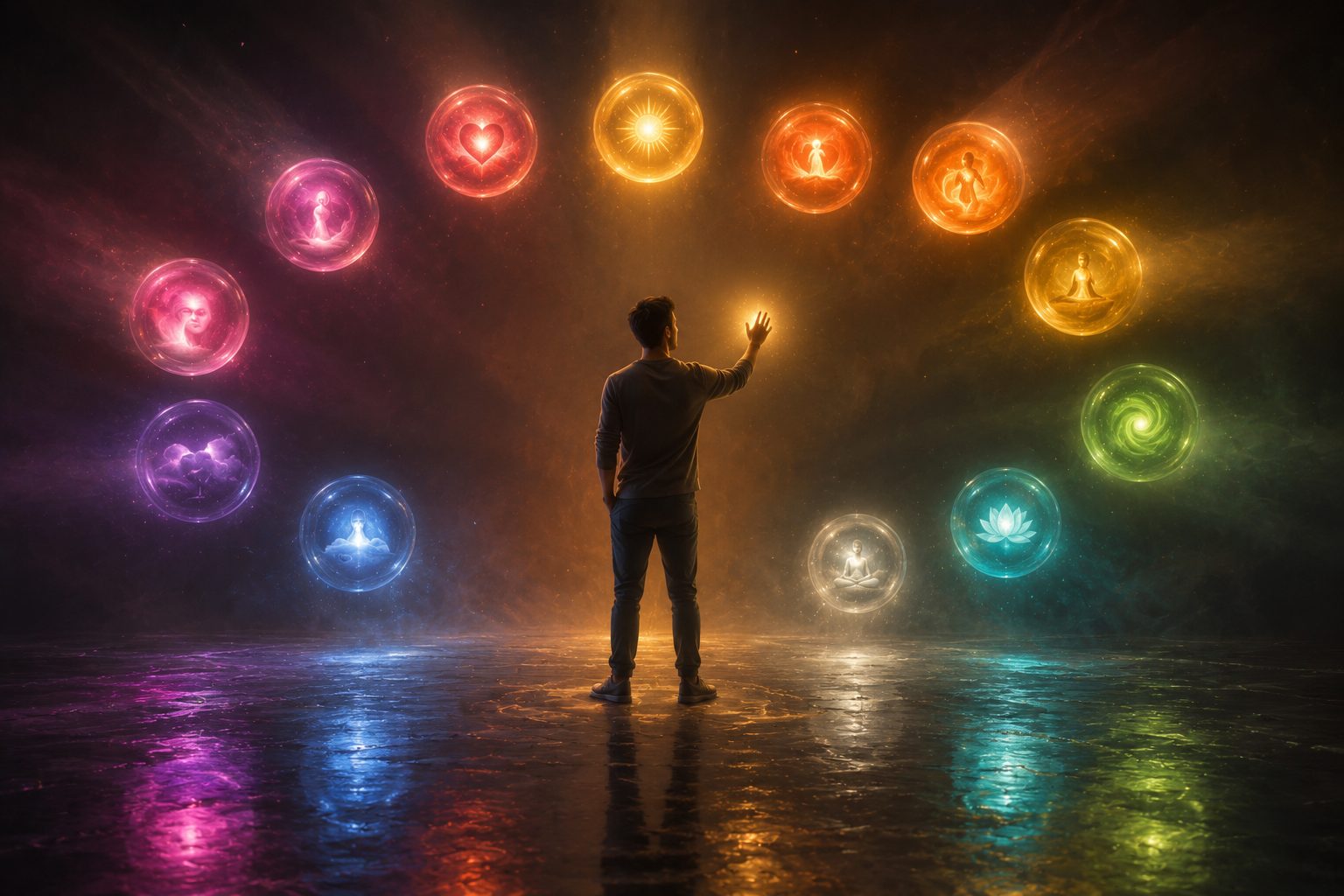 Emotional regulation visualized — a calm figure standing among twelve glowing orbs representing different emotional states, symbolizing balance and self-awareness