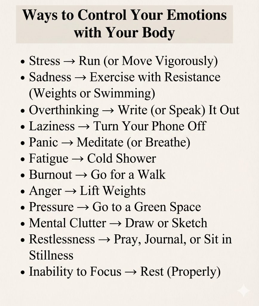 Emotional regulation techniques — 12 body-based methods matching emotional states to physical actions, from running for stress to resting for inability to focus