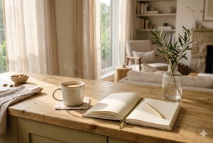 A minimalist Sunday Reset routine featuring an organized desk with a coffee mug and an open journal under warm morning light.