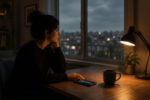 Remote work loneliness captured — a lone figure sitting at a warmly lit home desk in a quiet empty room, a glowing smartphone nearby, with a grey sky visible through the window representing isolation in remote work