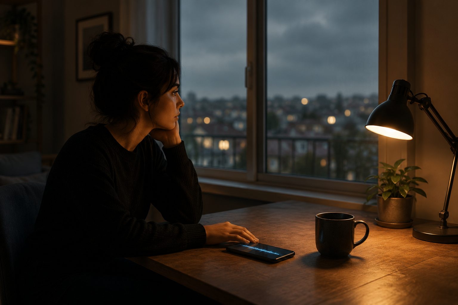 Remote work loneliness captured — a lone figure sitting at a warmly lit home desk in a quiet empty room, a glowing smartphone nearby, with a grey sky visible through the window representing isolation in remote work