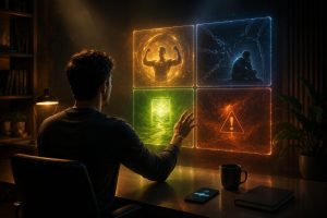 SWOT Analysis in action — a person speaking personal insights into a voice app surrounded by four glowing quadrants representing strengths, weaknesses, opportunities and threats