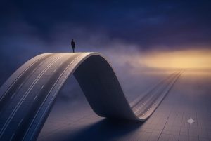 Asymptote effect visualized — a lone figure standing at the peak of an infinite curved road that flattens toward an unreachable glowing horizon, representing endless approach without arrival
