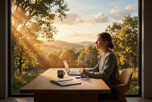 Window view productivity in action — a person sitting at a minimal desk in front of a floor-to-ceiling window with a golden natural landscape outside, representing the cognitive benefit of nature exposure during focused work