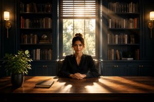 Slow productivity in practice — a calm figure sitting at a minimal wooden desk surrounded by bookshelves and warm brass lighting, with no screens or distractions, representing deep focus and intentional work
