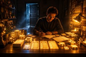 Productive procrastination illustrated — a figure surrounded by glowing completed tasks and achievements at a bright desk, while a single dark unopened door glows blue in the background, representing emotional avoidance through busyness