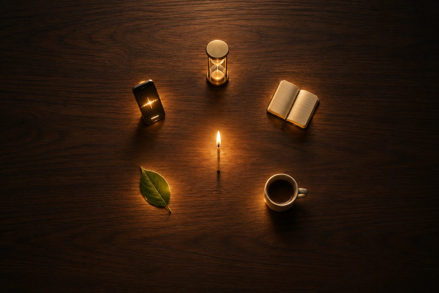 Micro habits visualized — a bird's-eye view of six tiny glowing objects arranged in a circle on a minimal wooden desk, representing six small daily actions that create big results