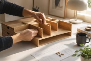 IKEA effect concept showing hands assembling a wooden desk organizer for productivity.