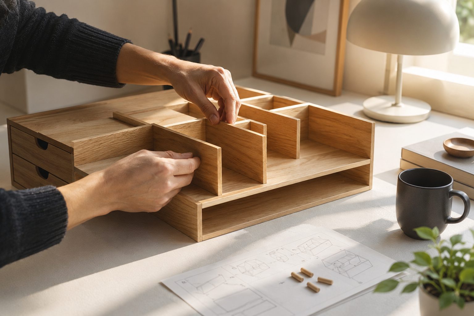 IKEA effect concept showing hands assembling a wooden desk organizer for productivity.