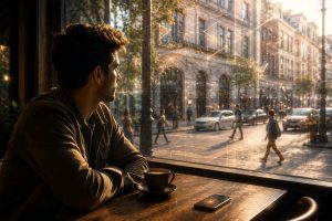 Tetris Effect illustrated — a person sitting at a café window in warm morning light, looking out at a street where soft geometric patterns overlay reality, representing how the brain filters the world based on trained attention