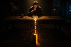 5 Whys Method illustrated — a figure at a minimal desk tracing a descending chain of five glowing question marks from a problem card down to a glowing door in the floor, representing Toyota's root cause analysis technique