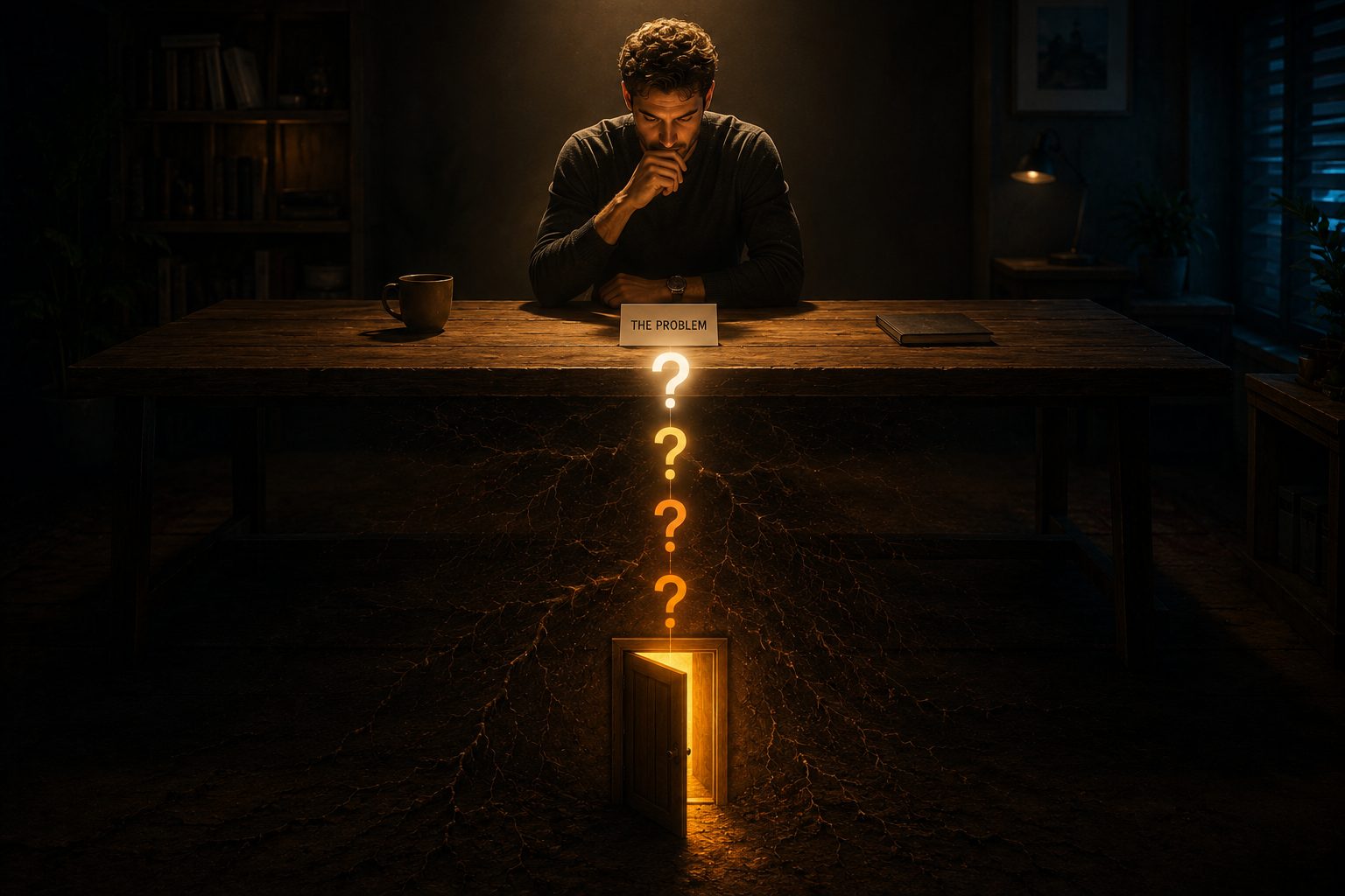 5 Whys Method illustrated — a figure at a minimal desk tracing a descending chain of five glowing question marks from a problem card down to a glowing door in the floor, representing Toyota's root cause analysis technique