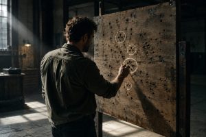 Texas Sharpshooter Fallacy: a man drawing circles around clustered bullet holes on a target board, ignoring the rest