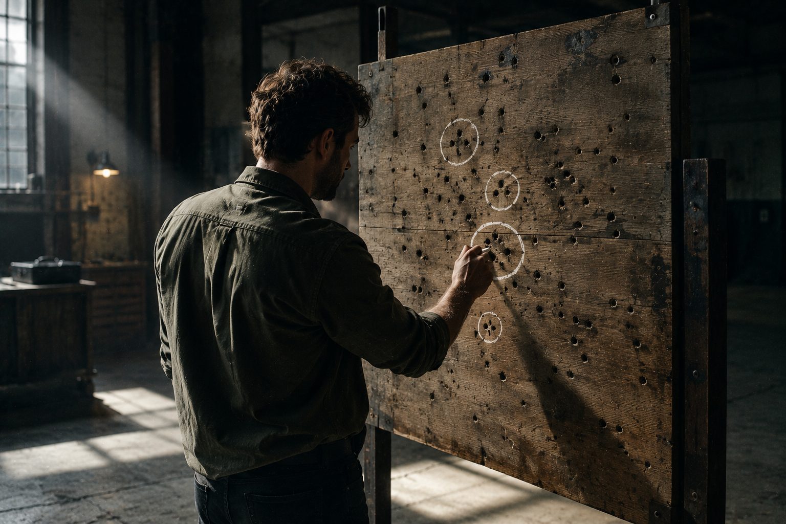 Texas Sharpshooter Fallacy: a man drawing circles around clustered bullet holes on a target board, ignoring the rest