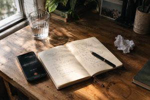 Kidlin's Law in practice — an open notebook with handwritten notes beside a smartphone showing a voice memo waveform on a wooden desk, representing the act of speaking and writing problems out loud to find clarity