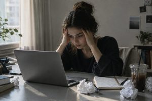 Perfectionism fear in action — a woman frozen at her desk, staring at a blank screen, unable to start her work