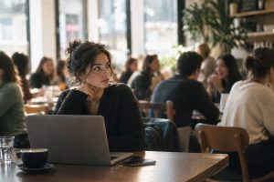 A person sitting alone at a cafe feeling self-conscious while everyone around them is absorbed in their own world — spotlight effect cognitive bias
