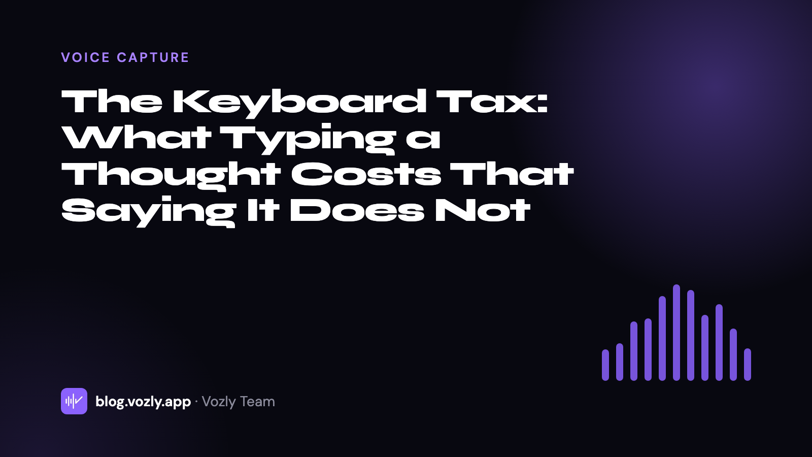 A dark cover card with the title “The Keyboard Tax: What Typing a Thought Costs That Saying It Does Not” in white letters, the words Voice capture above it in purple, and a row of purple waveform bars.